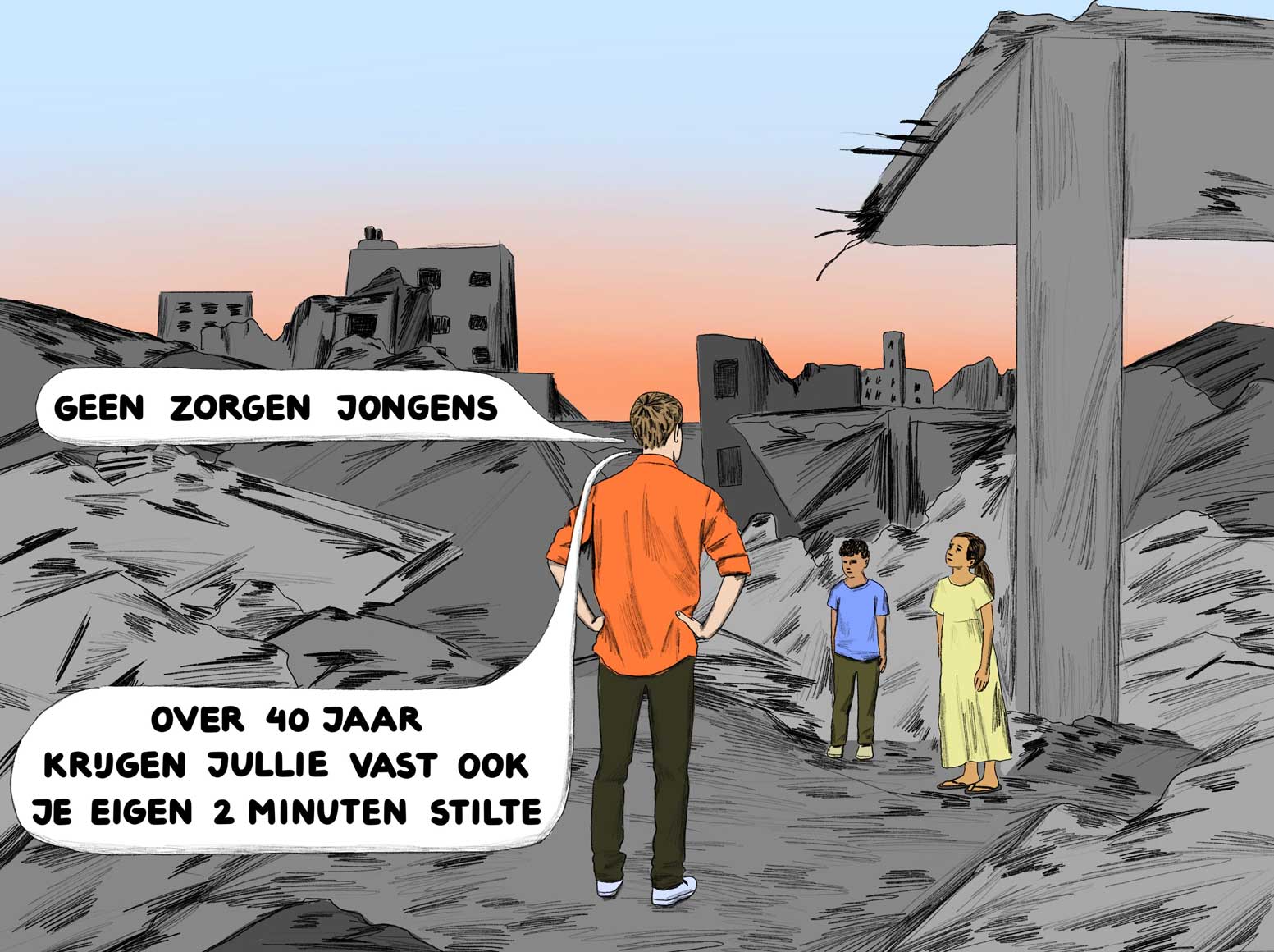 Een man zegt tegen 2 kinderen in de puinhopen van Gaza: "Geen zorgen jongens. Over 40 jaar krijgen jullie vast ook je eigen 2 minuten stilte."