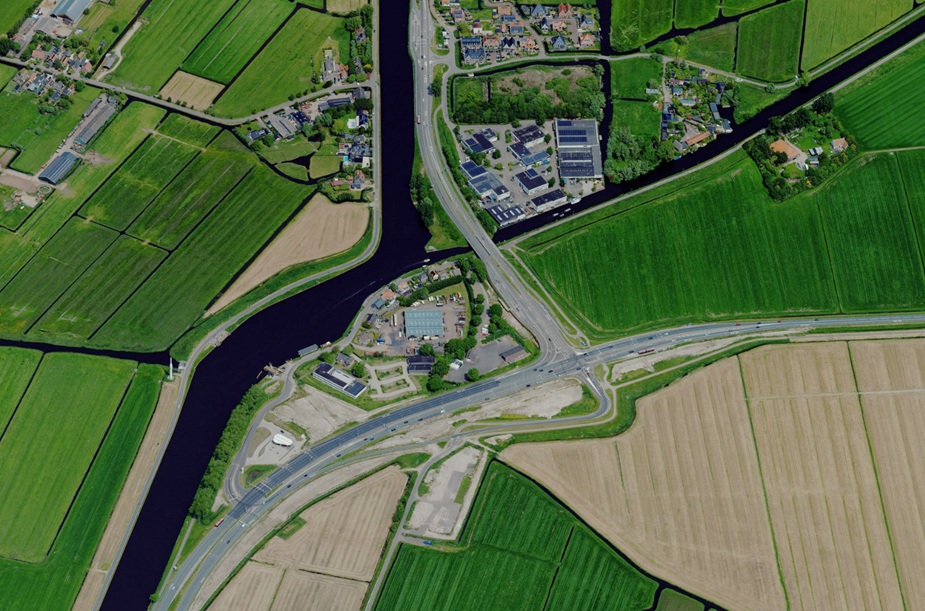 Visual van de nieuwe inrichting van kruispunt Het Schouw, vanaf de lucht gezien.