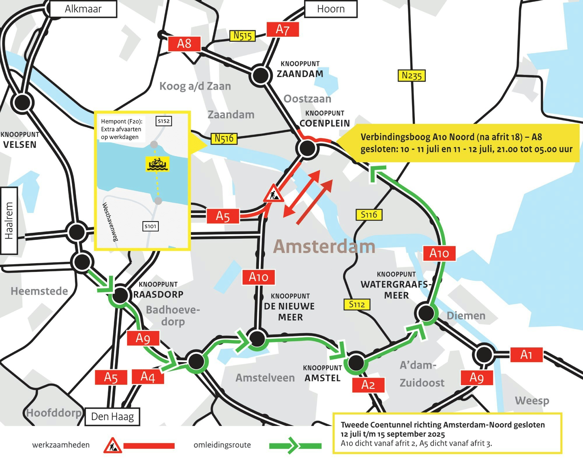 Kaart werkzaamheden aan de Coentunnel (A10)