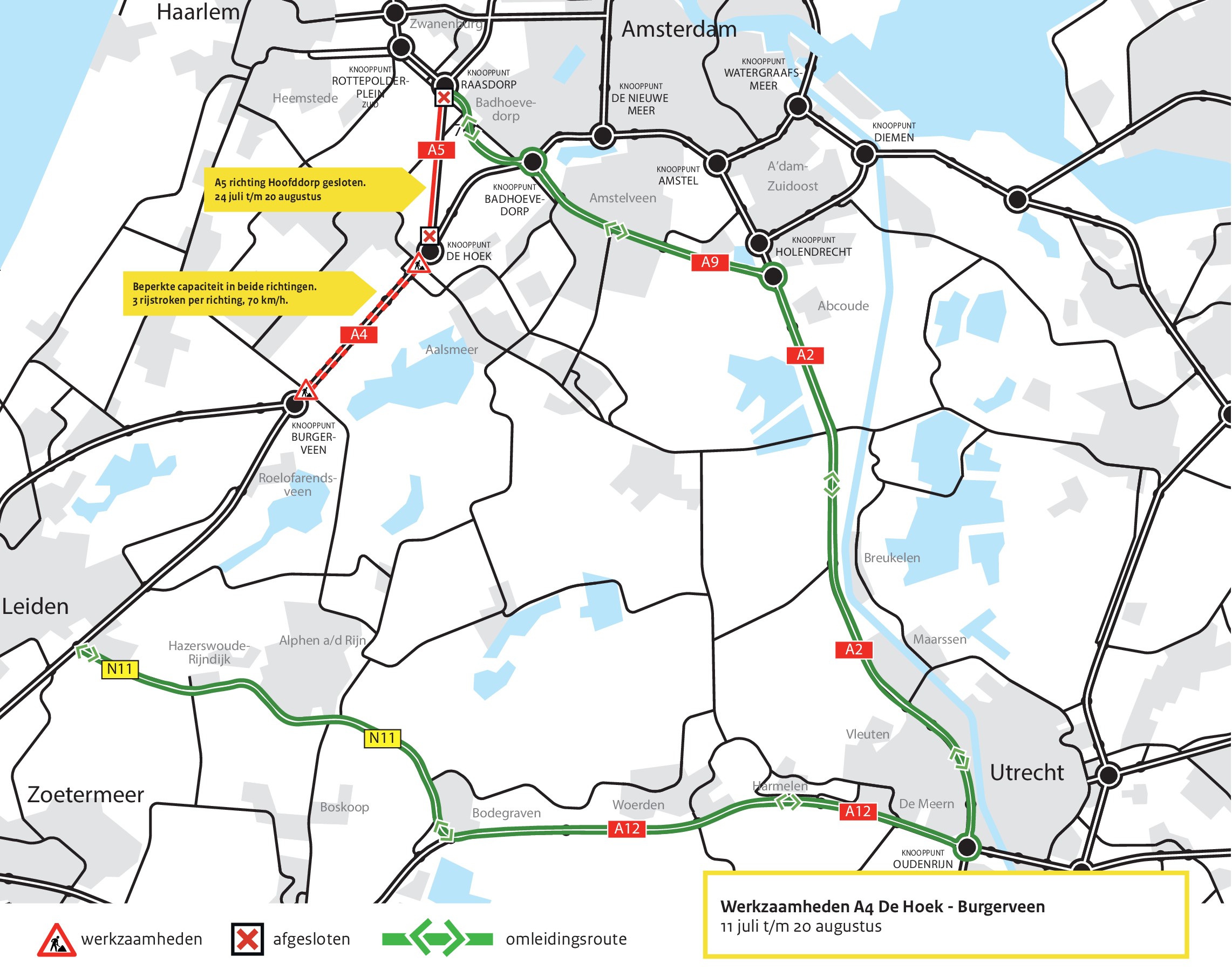 Kaart van werkzaamheden op de A4 tussen knooppunt knooppunt De Hoek en Burgerveen