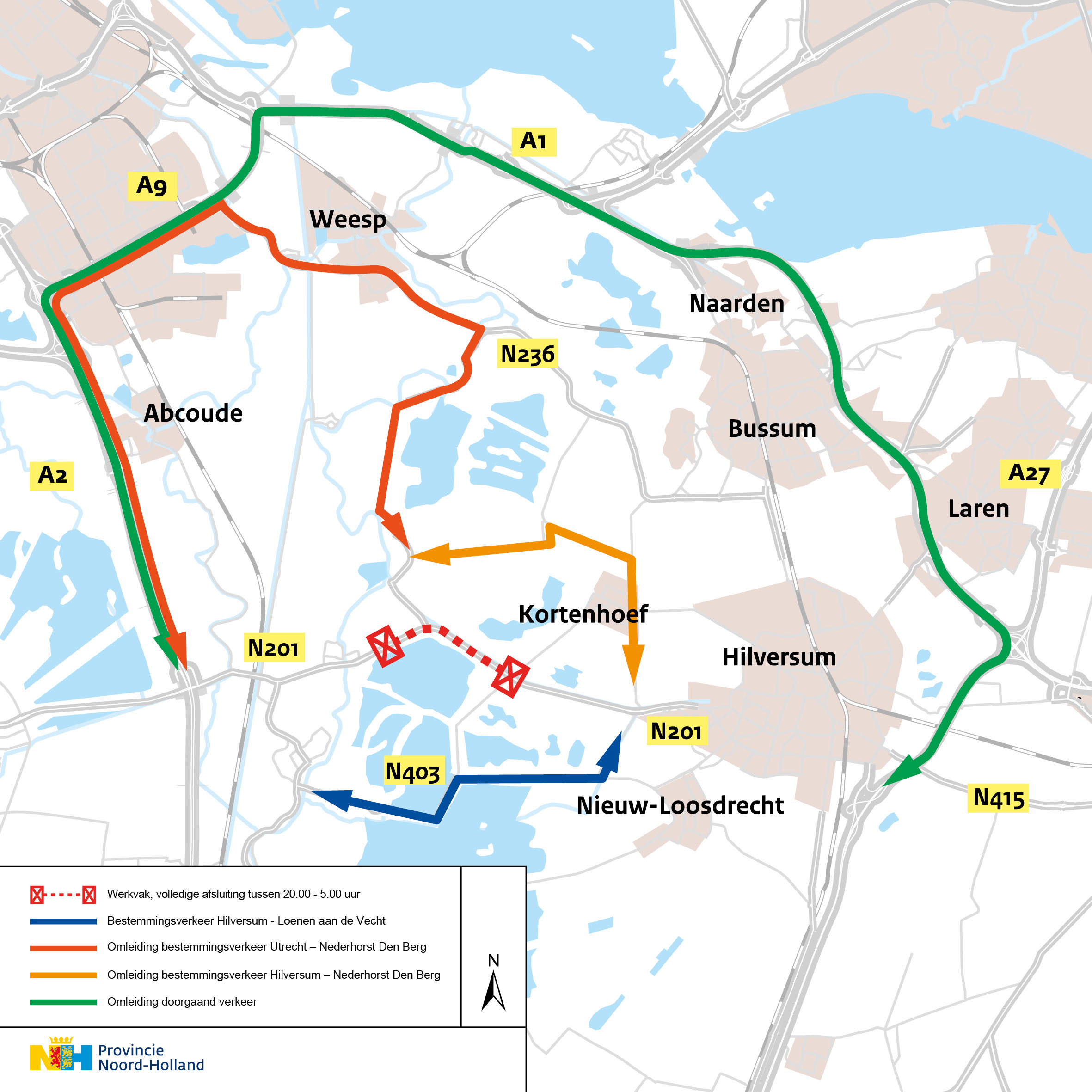 Kaart met omleidingen N201 en N403.