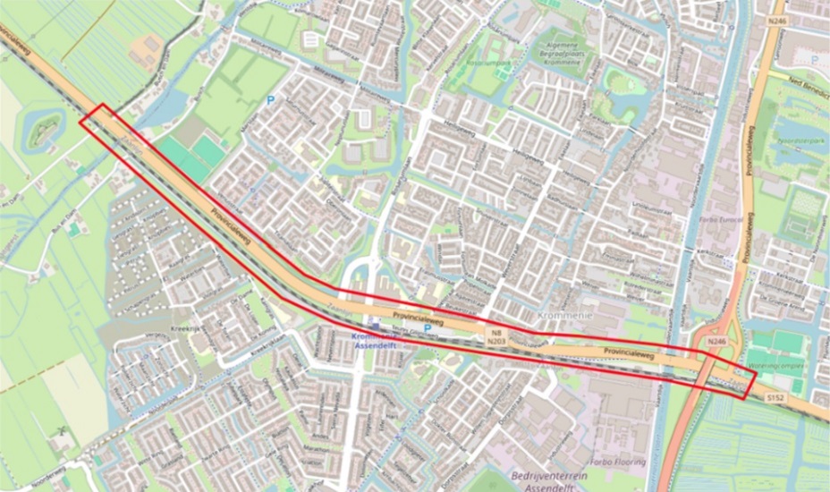Kaart met daarop de N203 in Krommenie