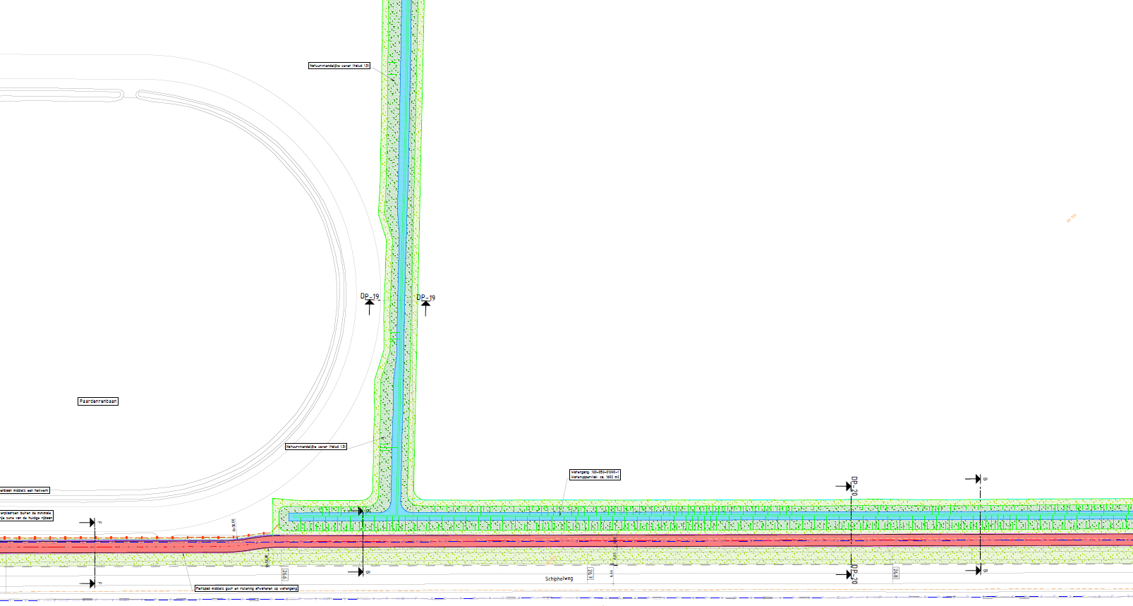 De sloot die nu tussen het fietspad en de renbaan ligt, wordt verplaatst (klik op de kaart voor een grotere versie).
