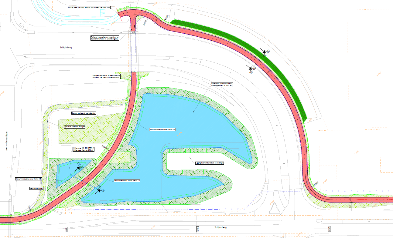 De bestaande bochten worden vervangen door een ruimere bocht op een dijk (klik op de afbeelding voor een grotere versie).