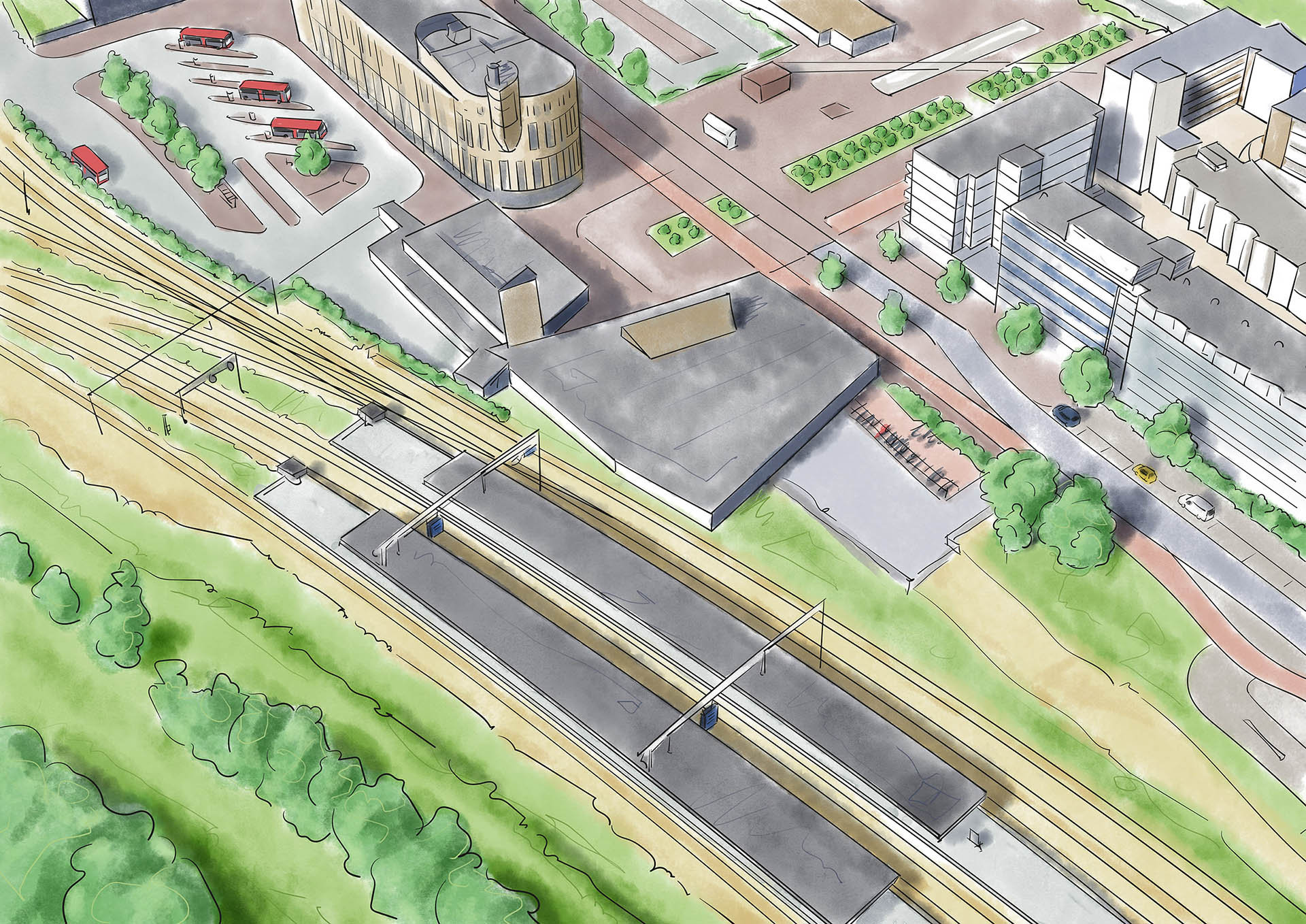 De oorspronkelijk situatie van de busbaan bij Velsen-Noord, tussen de Velsertraverse en het station Beverwijk