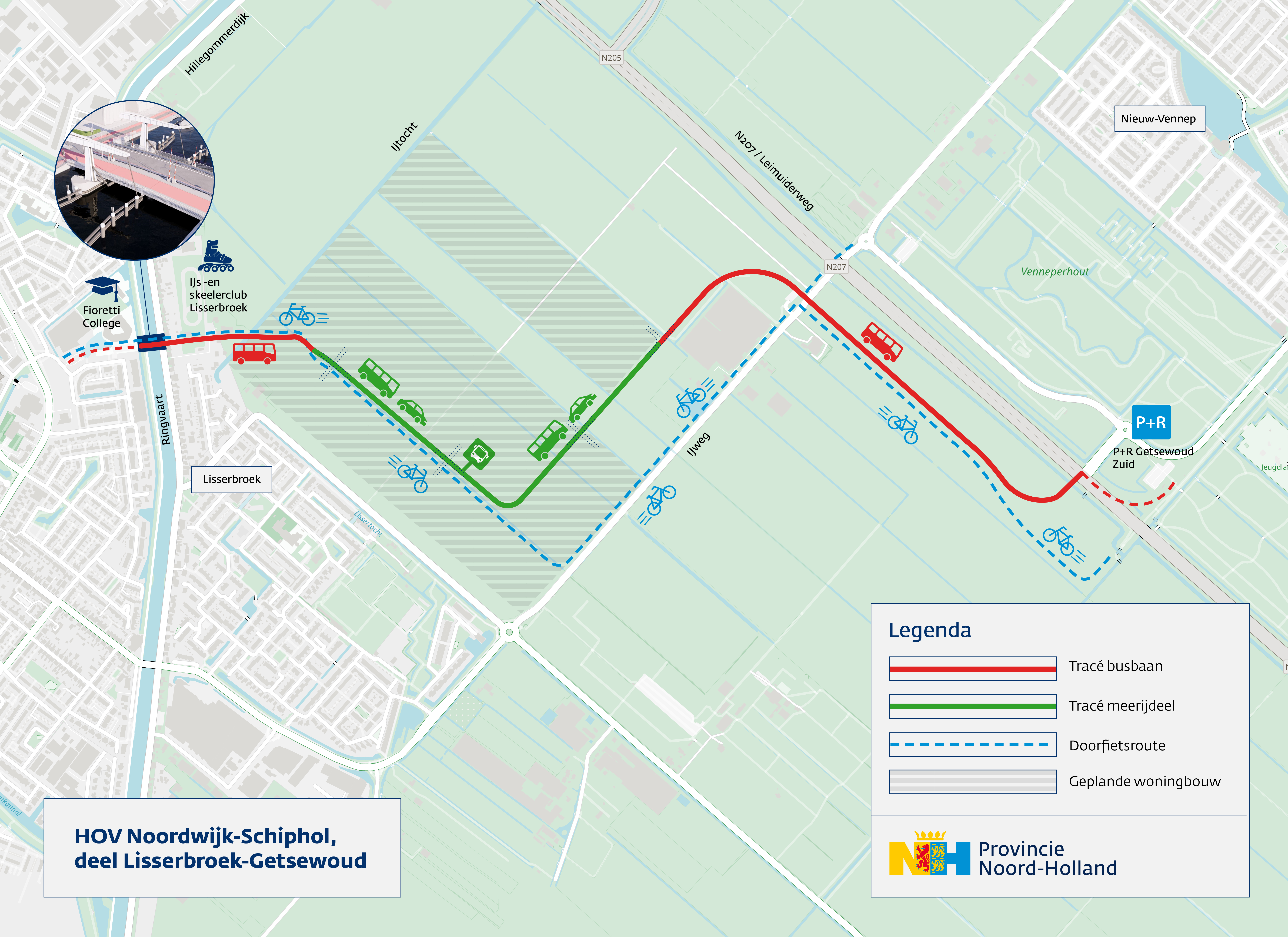 overzichtsplaatje met route van de nieuw aan te leggen busbaan tussen Lisse en Nieuw-Vennep