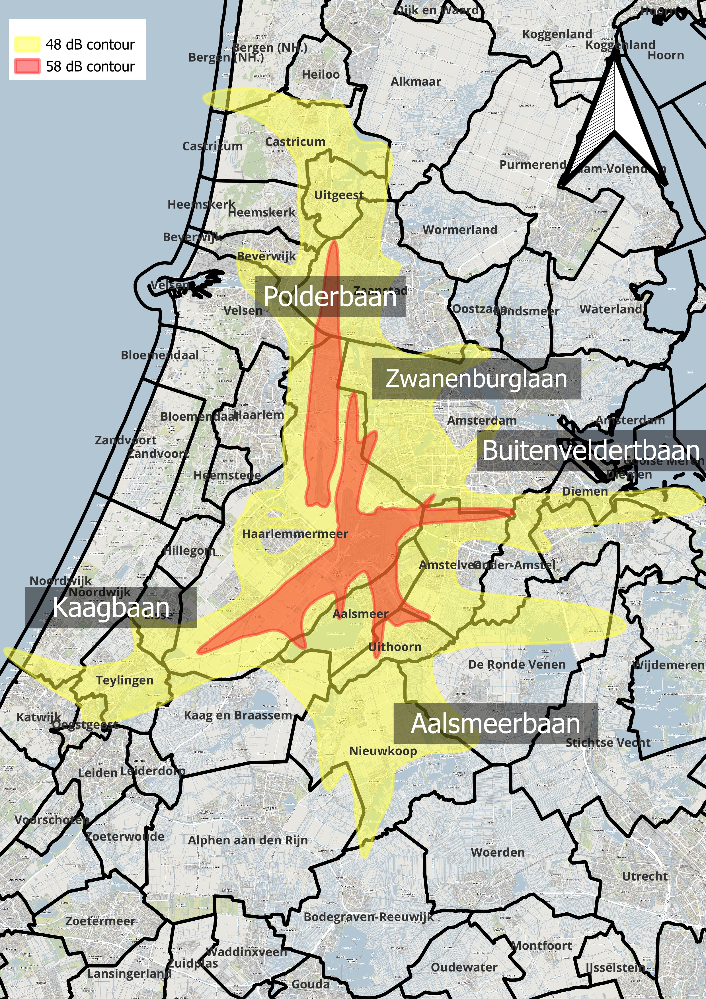 Afbeelidng van deelnemende gemeenten die (deels) vallen binnen de 48 Lden geluidscontour van Schiphol.