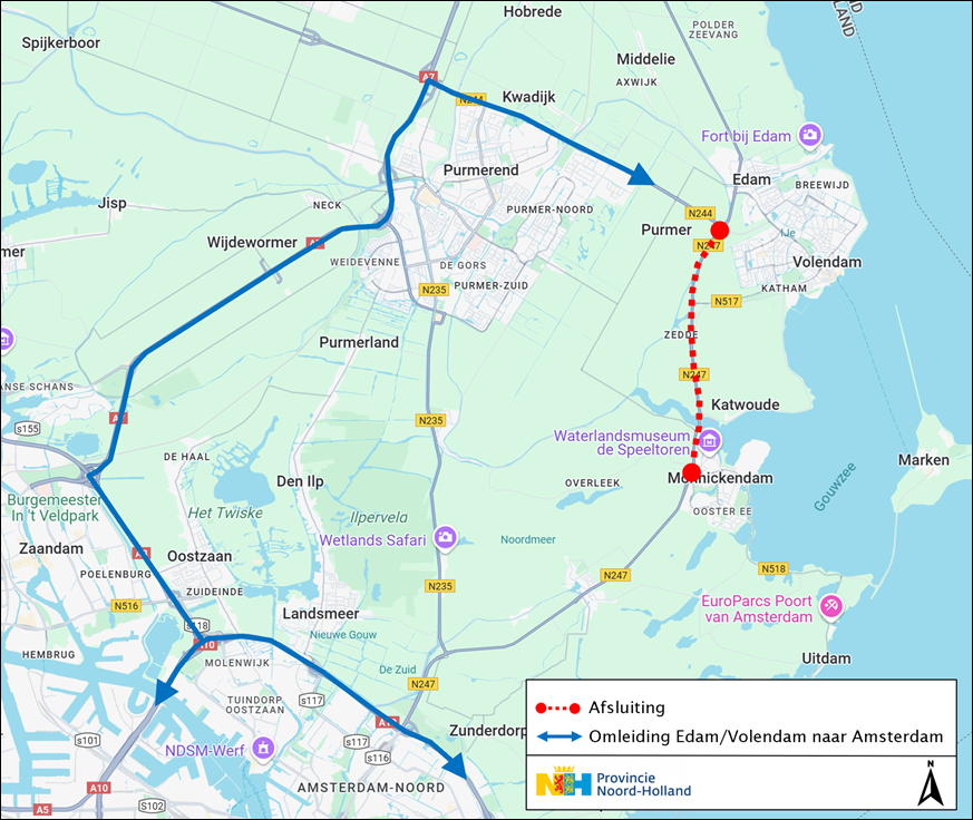 Kaart omleiding N247, van Edam/Volendam naar Amsterdam
