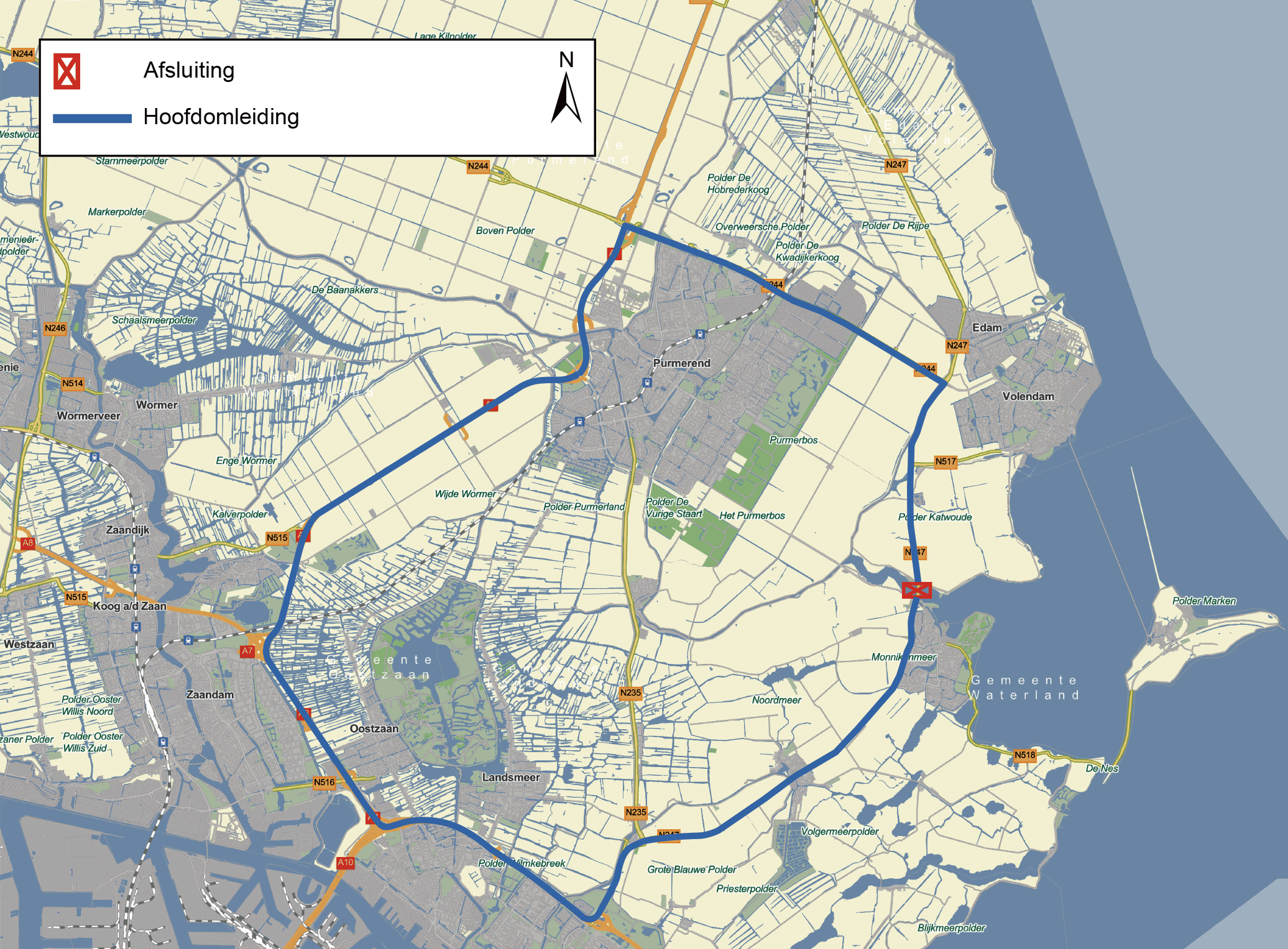 Kaart weekendafsluiting en omleidingsroute N247