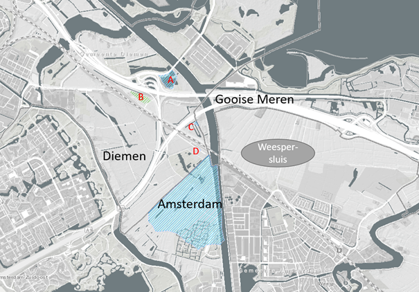 Plattegrond van groot Amsterdam. De gebieden A, B, C, D zijn de projectgebieden voor windenergie van Diemen. Het blauwgestreepte gebied in Amsterdam is het zoekgebied Amsterdam-Diemerscheg.